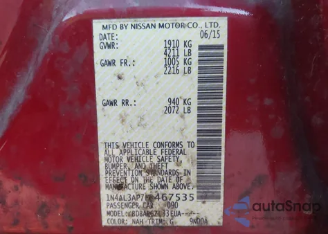 2015 Nissan Altima 2.5/2.5 S/2.5 Sl/2.5 Sv z USA, uszkodzony, nr VIN 1N4AL3AP7FC467535